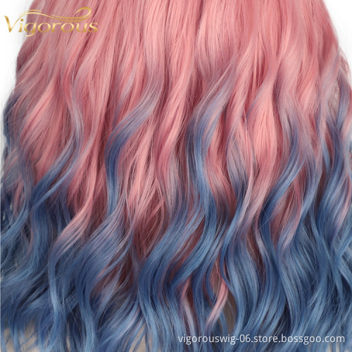 Vigorous High Quality Heat Resistant Ombre Pink To Blue Curly High Fiber Lace Front Cheap Women Wig Synthetic Hair